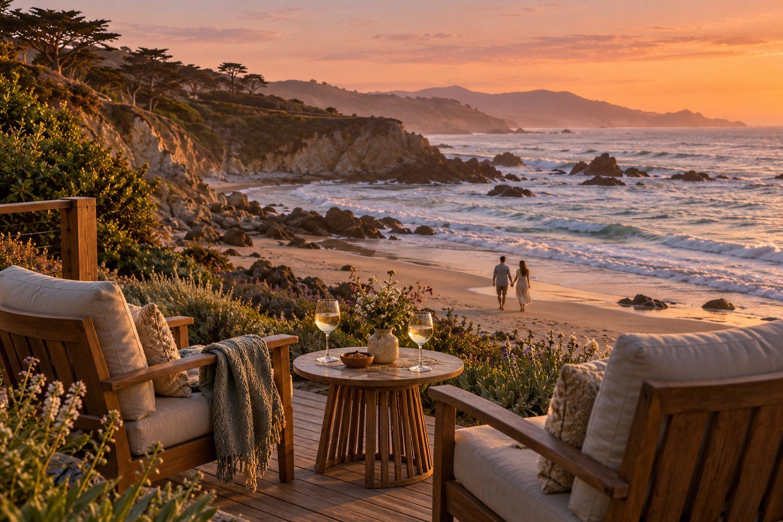A romantic coastal retreat at sunset, with a couple walking hand in hand on the beach