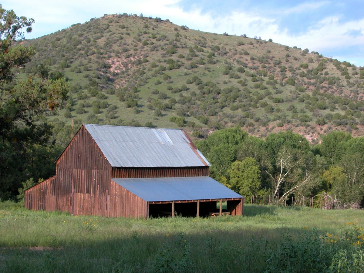 Juniper dotted rolling hills are a backdrop to a small farm in the Mimbres Valley.