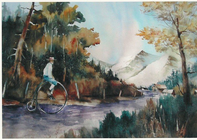 This painting is of Steve Stevens riding one of his vintage high-wheel bicycles.
