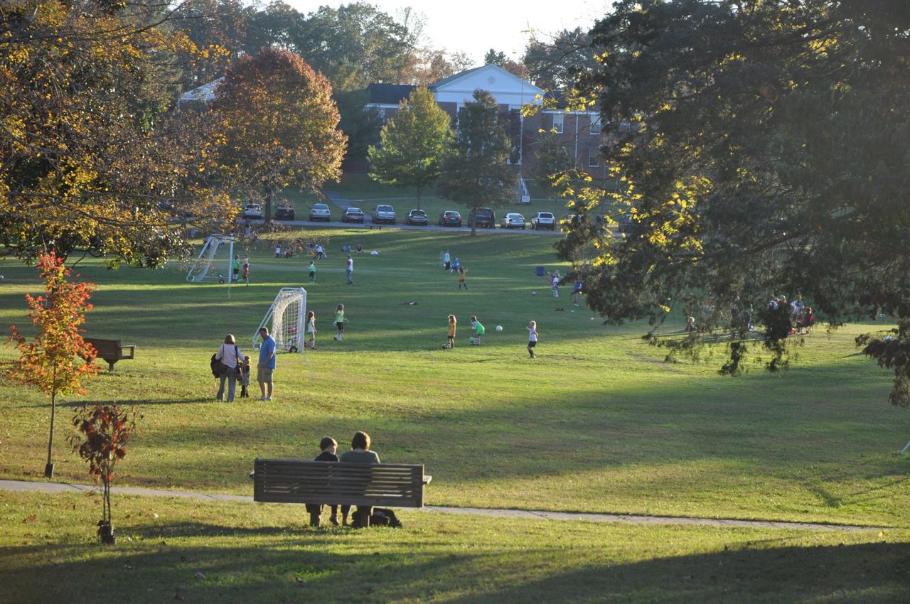 This broad park space is the centerpiece of the town of Norris. In this scene there are dozens of kids playing soccer and adults sitting on the hillside overlooking the action on the field. A variety of trees surround the open space, and have led to the recognition of the Commons as a Tennessee arboretum.